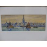 I. LECOSIN? (EARLY 20th.C. CONTINENTAL SCHOOL). A EUROPEAN PORT. SIGNED, WATERCOLOUR. 11.5 x 28cms.