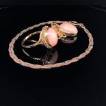 A 9ct GOLD CORAL RING, TOGETHER WITH A 9ct GOLD CORAL PENDANT ON A 9ct GOLD CURB CHAIN, AND A