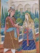 A 19th.C. INDIAN WATERCOLOUR. A ROYAL COUPLE, EACH HOLDING A DOVE WITHIN A GARDEN AND