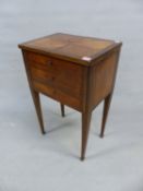 A CONTINENTAL MAHOGANY CROSS BANDED KINGWOOD WORK TABLE, THE FLAP TOP ENCLOSING TWO COMPARTMENTS