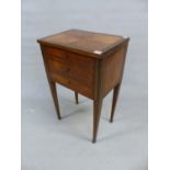 A CONTINENTAL MAHOGANY CROSS BANDED KINGWOOD WORK TABLE, THE FLAP TOP ENCLOSING TWO COMPARTMENTS