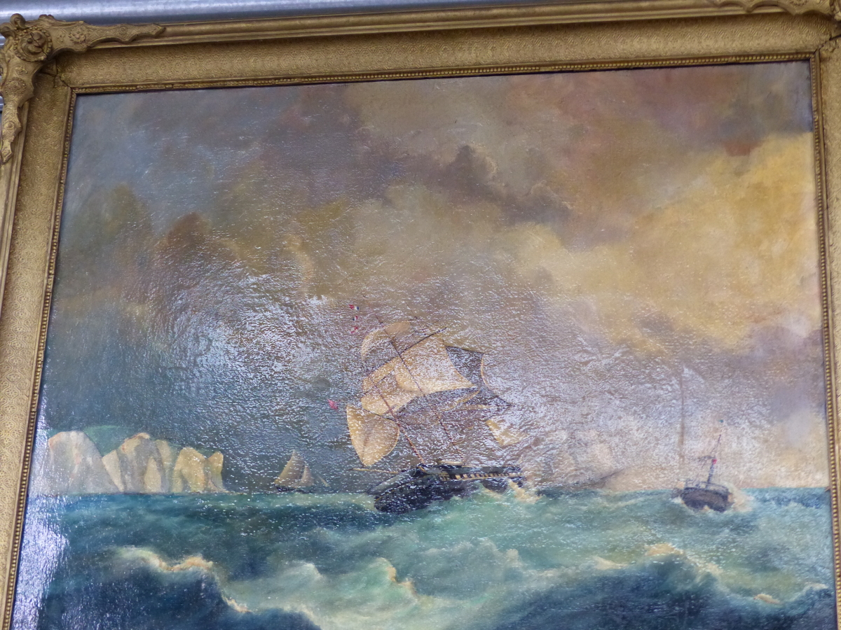 ENGLISH SCHOOL, MARINE VIEW OFF A HEADLAND, SIGNED INDISTINCTLY, OIL ON CANVAS. 69 x 82cms.