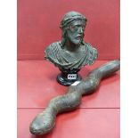 A COPPER ALLOY HEAD OF CHRIST CROWNED WITH THORNS AND ON EBONISED SOCLE BASE. H 27cms. TOGETHER A