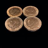 FOUR 22ct GOLD FULL SOVEREIGN COINS, THREE EDWARDIAN DATED 1911 ONE ONE DATED 1958 ELIZABETH.