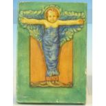A COMPTON ART POTTERY PLAQUE MOULDED IN RELIEF WITH A CHILD SWADDLED IN BLUE WITHIN A TURQUOISE