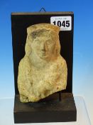 AN EARLY BUFF TERRACOTTA BUST OF A LADY HOLDING A FOUR LEGGED ANIMAL TO HER CHEST. POSSIBLY ROMAN. H