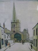 L.S. LOWRY (1887-1976). ARR. BURFORD CHURCH. PENCIL SIGNED AND NUMBERED LIMITED EDITION COLOUR