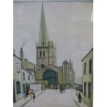 L.S. LOWRY (1887-1976). ARR. BURFORD CHURCH. PENCIL SIGNED AND NUMBERED LIMITED EDITION COLOUR