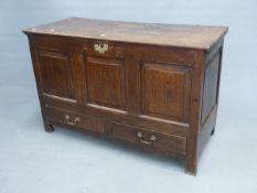 AN 18th C. OAK MULE CHEST, THE THREE PANELLED FRONT OVER TWO DRAWERS AND STILE FEET. W 120 x D 52