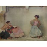 RUSSELL FLINT (1880-1969). ARR. A SPANISH INTERIOR WITH TWO MODELS. PENCIL SIGNED COLOUR PRINT. 48 x