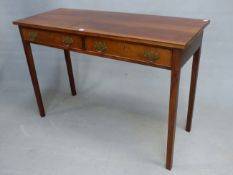 A 19th C. MAHOGANY SERVING TABLE, THE RECTANGULAR TOP OVER TWO DRAWERS AND TAPERING SQUARE SECTIONED