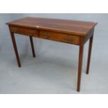 A 19th C. MAHOGANY SERVING TABLE, THE RECTANGULAR TOP OVER TWO DRAWERS AND TAPERING SQUARE SECTIONED