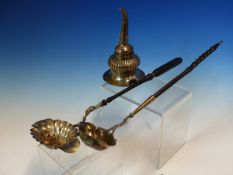 A GEORGE III HALLMARKED SILVER WINE FUNNEL TOGETHER WITH A CONTINENTAL TODDY LADLE WITH EBONISED