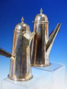 A PAIR OF GUILD OF HANDICRAFTS HALLMARKED SILVER SIDE HANDLE COFFEE AND HOT WATER POTS DATED 1965