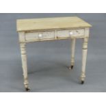 A VICTORIAN HEALS AND SON SMALL SIDE TABLE WITH TWO FRIEZE DRAWERS ON TURNED LEGS, ORIGINAL PAINT.