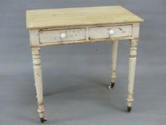 A VICTORIAN HEALS AND SON SMALL SIDE TABLE WITH TWO FRIEZE DRAWERS ON TURNED LEGS, ORIGINAL PAINT.