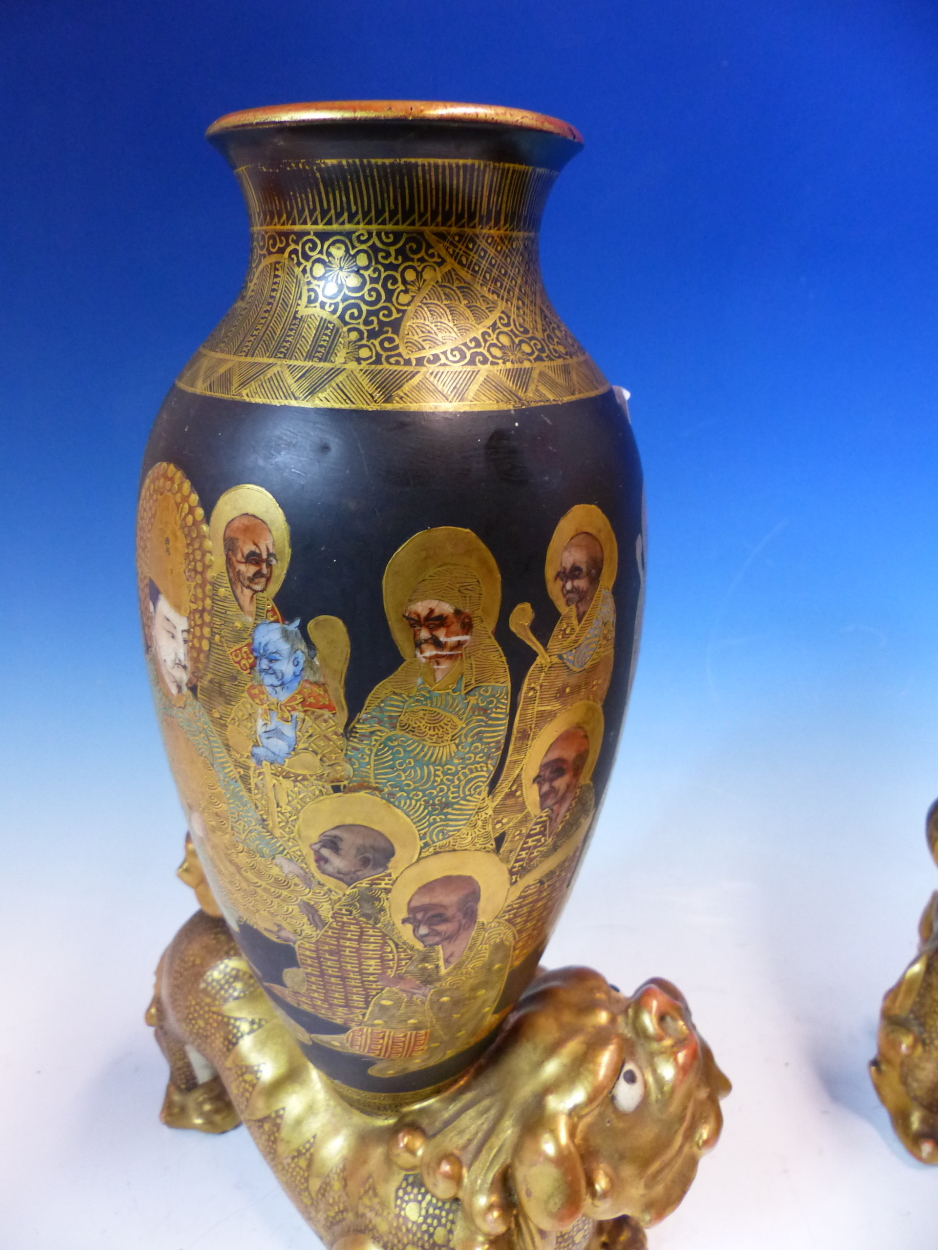 A PAIR OF SATSUMA POTTERY OVOID VASES PAINTED WITH KWANNON AND LUOHANS ON A BLACK GROUND, THE - Image 6 of 18