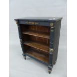 AN EARLY 19th.C. SMALL OPEN FRONT BOOKCASE WITH PAINTED DECORATION AND GILT BRASS MOUNTS. 68 x 29