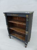 AN EARLY 19th.C. SMALL OPEN FRONT BOOKCASE WITH PAINTED DECORATION AND GILT BRASS MOUNTS. 68 x 29