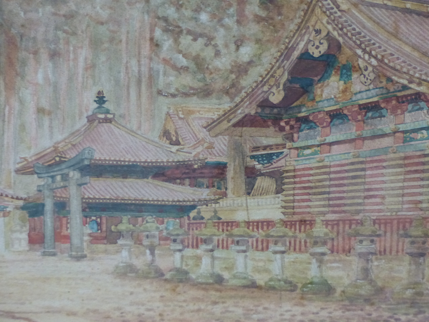 M. KAWAKUBO. EARLY 20th.C. JAPANESE SCHOOL. TEMPLES AMIDST WOODLAND. SIGNED WATERCOLOUR. 23 x