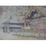 M. KAWAKUBO. EARLY 20th.C. JAPANESE SCHOOL. TEMPLES AMIDST WOODLAND. SIGNED WATERCOLOUR. 23 x
