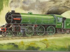 A WATERCOLOUR OF EX LNER LOCOMOTIVE "MAYFLOWER", OWNED BY PATRICK KELLY, TOGETHER WITH TWO