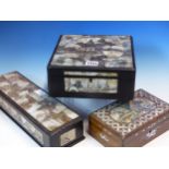 THREE CHINESE HARDWOOD BOXES INLAID WITH MOTHER OF PEARL ENGRAVED WITH BUILDINGS AND LANDSCAPES, THE