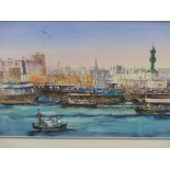 MIDDLE EASTERN CONTEMPORARY SCHOOL. A BUSY PORT. SIGNED INDISTINCTLY, WATERCOLOUR, 25 x 42cms.