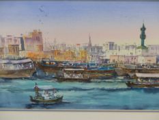 MIDDLE EASTERN CONTEMPORARY SCHOOL. A BUSY PORT. SIGNED INDISTINCTLY, WATERCOLOUR, 25 x 42cms.