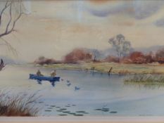 EDWARD EMERSON (20th.C. SCHOOL). ARR. 'FISHING'. WATERCOLOUR, SIGNED. 37 x 52cms.