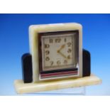 AN ASPREY/LONGINES ALABASTER AND ENAMEL ART DECO EIGHT DY MANTEL CLOCK. H 14cms