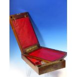 A ROSEWOOD GENTLEMANS CAMPAIGN TRAVEL BOX, THE INSIDE OF THE LID WITH RED SCRIM BACKED MIRROR