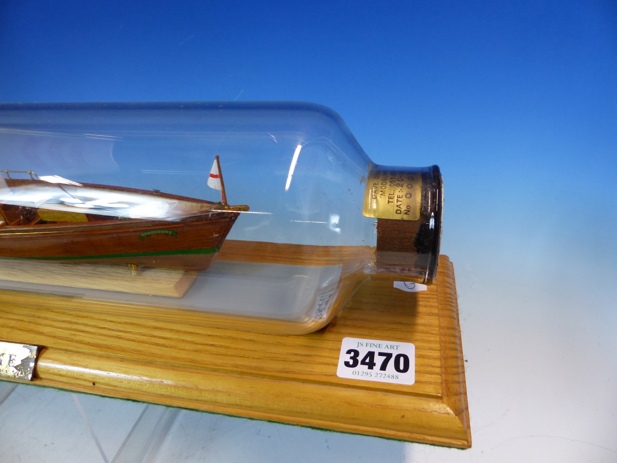 A WINDERMERE STEAMBOAT MUSEUM MODEL OF THE STEAM LAUNCH BRANKSOME MOUNTED WITHIN A BOTTLE ON A - Image 2 of 12