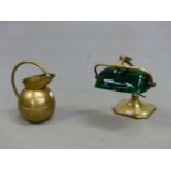 A BRASS FOOTED ADJUSTABLE DESK LAMP WITH RECTANGULAR SECTIONED GREEN GLASS SHADE TOGETHER WITH A