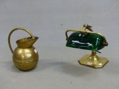 A BRASS FOOTED ADJUSTABLE DESK LAMP WITH RECTANGULAR SECTIONED GREEN GLASS SHADE TOGETHER WITH A