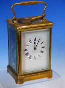 A LEATHER CASED CARRIAGE CLOCK STRIKING AND REPEATING ON A COILED ROD, THE CLOCK. H 15cms.