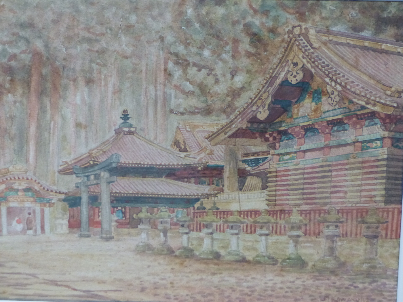 M. KAWAKUBO. EARLY 20th.C. JAPANESE SCHOOL. TEMPLES AMIDST WOODLAND. SIGNED WATERCOLOUR. 23 x - Image 2 of 4