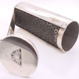 A LATE 19th C. TUBULAR SILVER PLATED NUTMEG GRATER WITH STEEL GRILLE, ENGRAVED RISING SUN TO