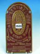 A SENTINEL 6 TON STEAM WAGGON ARCHED RECTANGULAR COPPER BADGE NUMBER C2604. 25 x 13cms