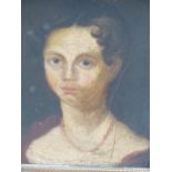 19th.C. ENGLISH NAIVE SCHOOL. PORTRAIT OF A LADY. OIL ON BOARD. 36 x 30cms.