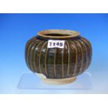 A CHINESE RIBBED GLOBULAR VASE AND WOOD STAND, THE DEEP BROWN HENAN GLAZE WITH PALER STIPPLES