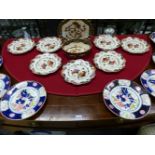 A COALPORT TEN PIECE DESSERT SERVICE, SEVEN RIDGWAY POTTERY IMARI PALETTE FLORAL PLATES AND A