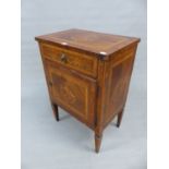 AN 18th/19th.C. ITALIAN WALNUT AND INLAID SMALL SIDE CABINET WITH FRIEZE DRAWER AND SINGLE DOOR ON