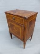 AN 18th/19th.C. ITALIAN WALNUT AND INLAID SMALL SIDE CABINET WITH FRIEZE DRAWER AND SINGLE DOOR ON