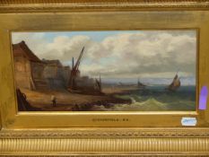 19th.C. ENGLISH SCHOOL. AN ESTUARY VIEW WITH FISHING HUTS. OIL ON BOARD, 17 x 32cms.