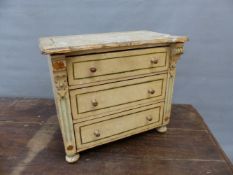 A 19th.C. MINIATURE PAINTED PINE CHEST OF THREE DRAWERS. 42 x 26 x 36cms.