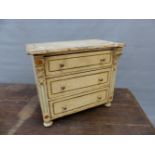 A 19th.C. MINIATURE PAINTED PINE CHEST OF THREE DRAWERS. 42 x 26 x 36cms.