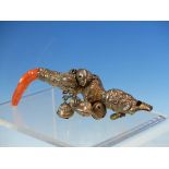 A VICTORIAN SILVER AND CORAL BABIES SEVEN BELL RATTLE WITH WHISTLE MOUTH PIECE. OVERALL LENGTH