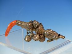 A VICTORIAN SILVER AND CORAL BABIES SEVEN BELL RATTLE WITH WHISTLE MOUTH PIECE. OVERALL LENGTH