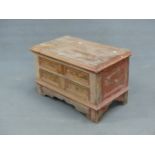 A 19th C. PINE TWO DRAWER CHEST WITH WAVY APRON AND SQUARE SECTIONED FEET, ONCE PAINTED IN